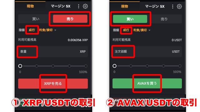 XRP→USDT→AVAXに変換